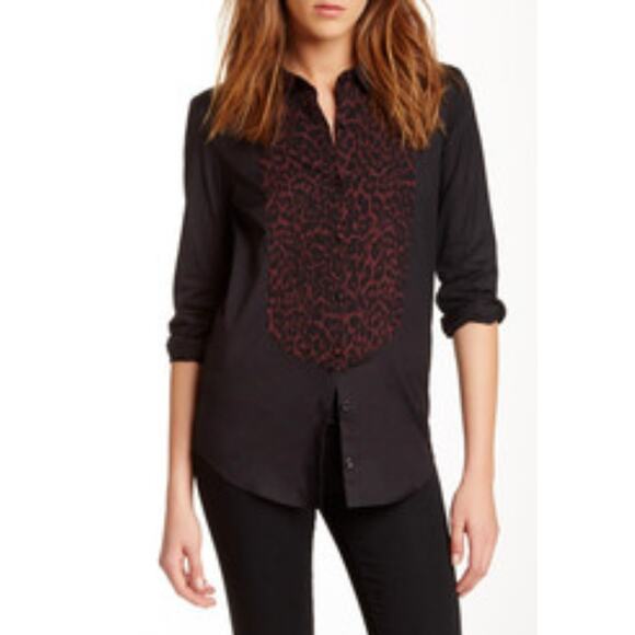 The Kooples Button Down Shirt Womens XS Black Burgundy Leopard Classic Luxe - Picture 11 of 11